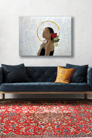 portrait painting on canvas hanging on wall over sofa