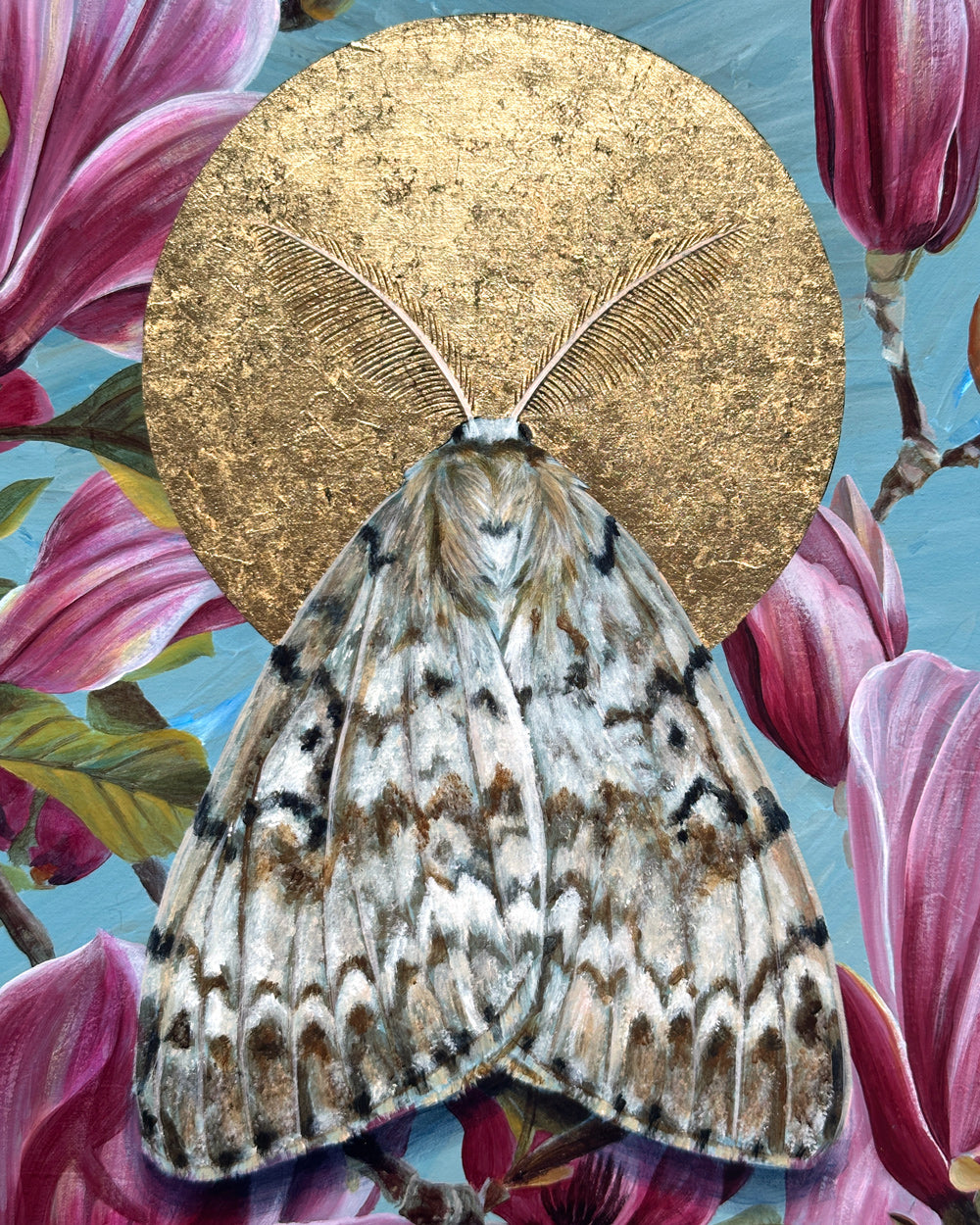 spongy moth and pink magnolia painting with gold leaf detail