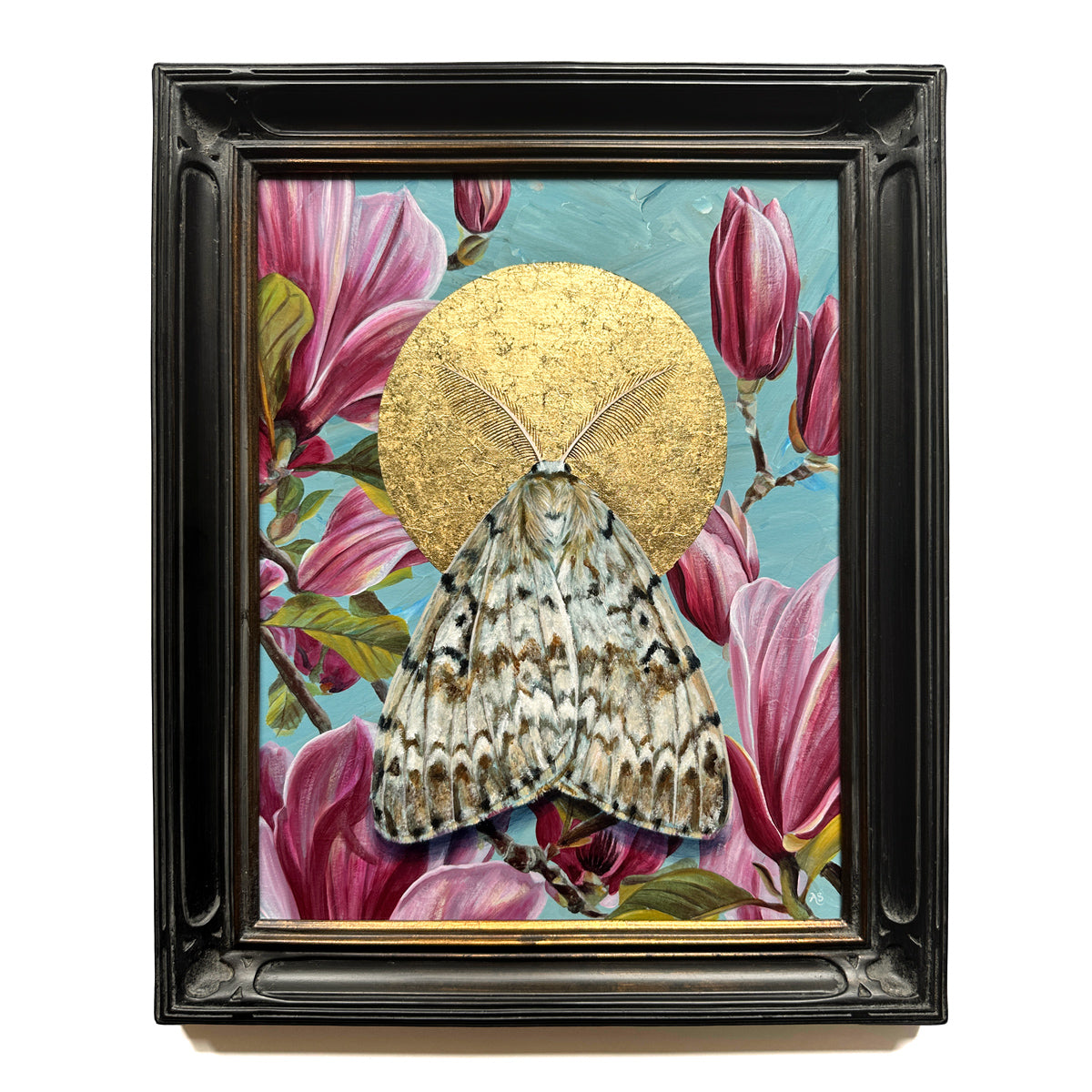 spongy moth and pink magnolia painting with gold leaf
