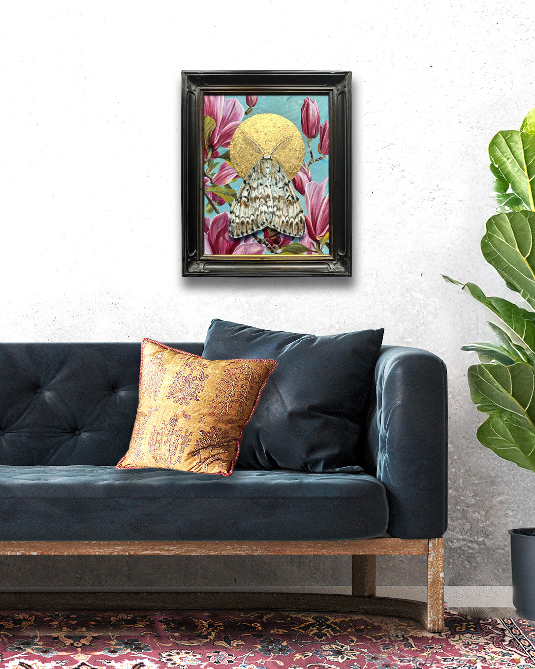 moth and pink magnolia painting on wall