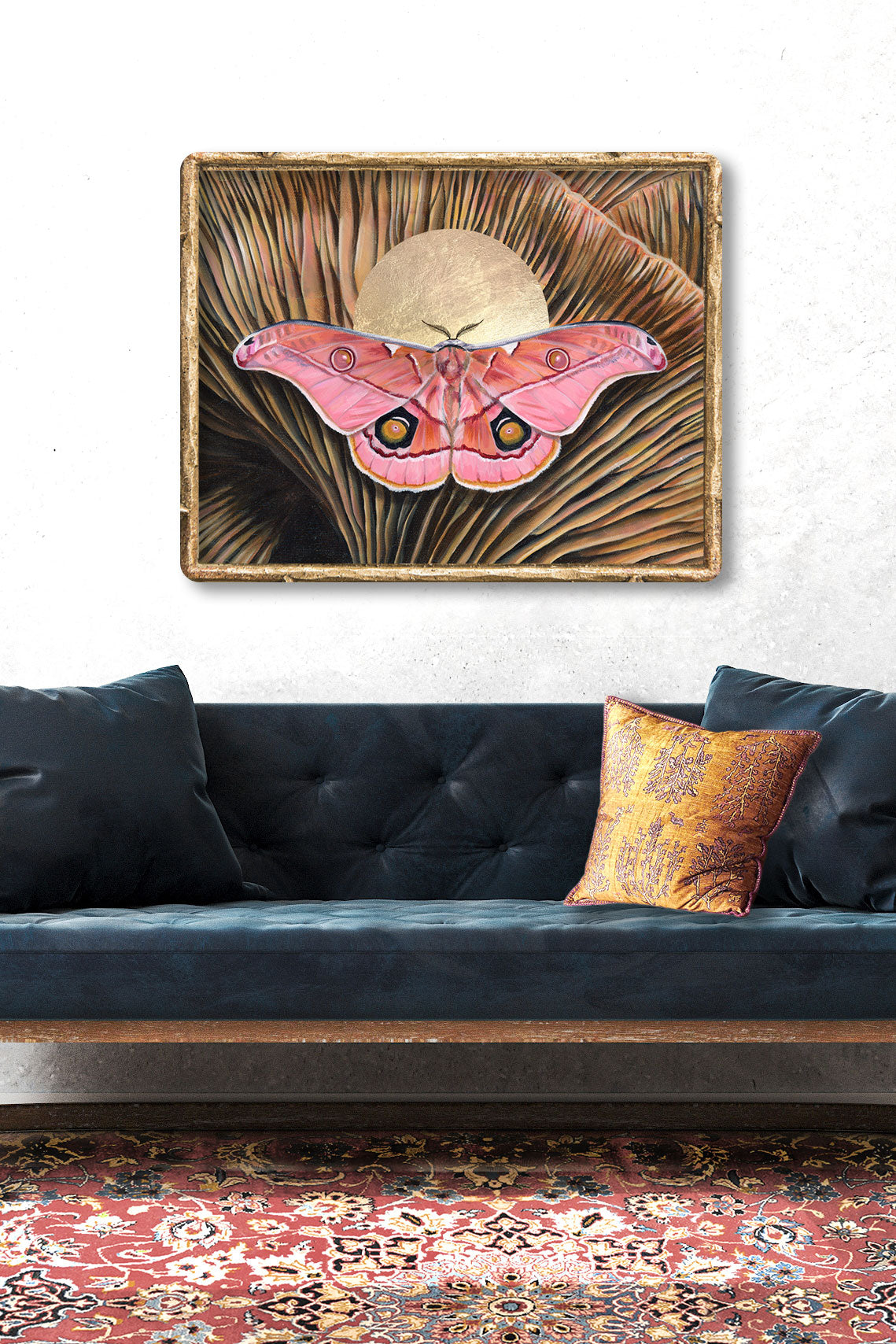 &#39;Belonging&#39; pink emperor gum moth mushroom art print 24x30 inches framed on wall