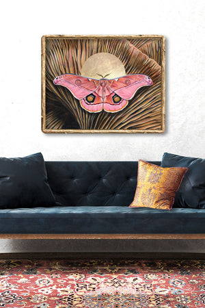 'Belonging' pink emperor gum moth mushroom art print 24x30 inches framed on wall