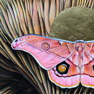 pink emperor gum moth mushroom painting gold halo detail