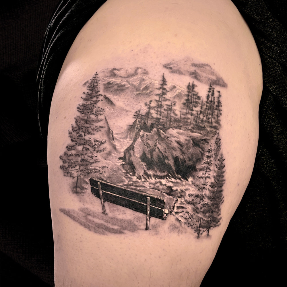 bench landscape tattoo by Cass