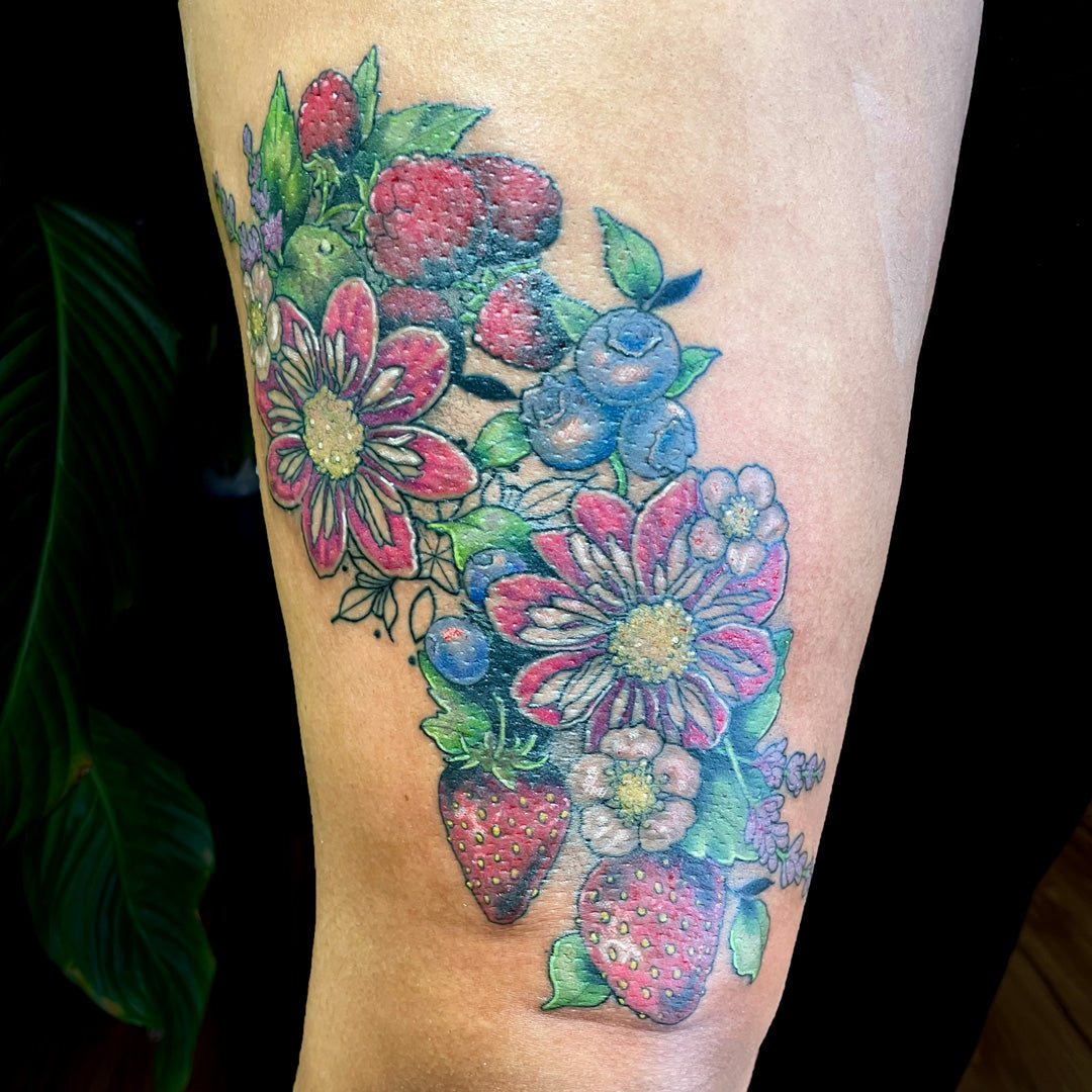 berries and flowers tattoo color by Cass Brown
