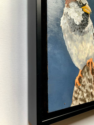 bird oil painting black float frame detail