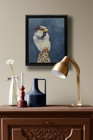 small bird oil painting on wall over table