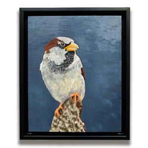 bird oil painting in black float frame
