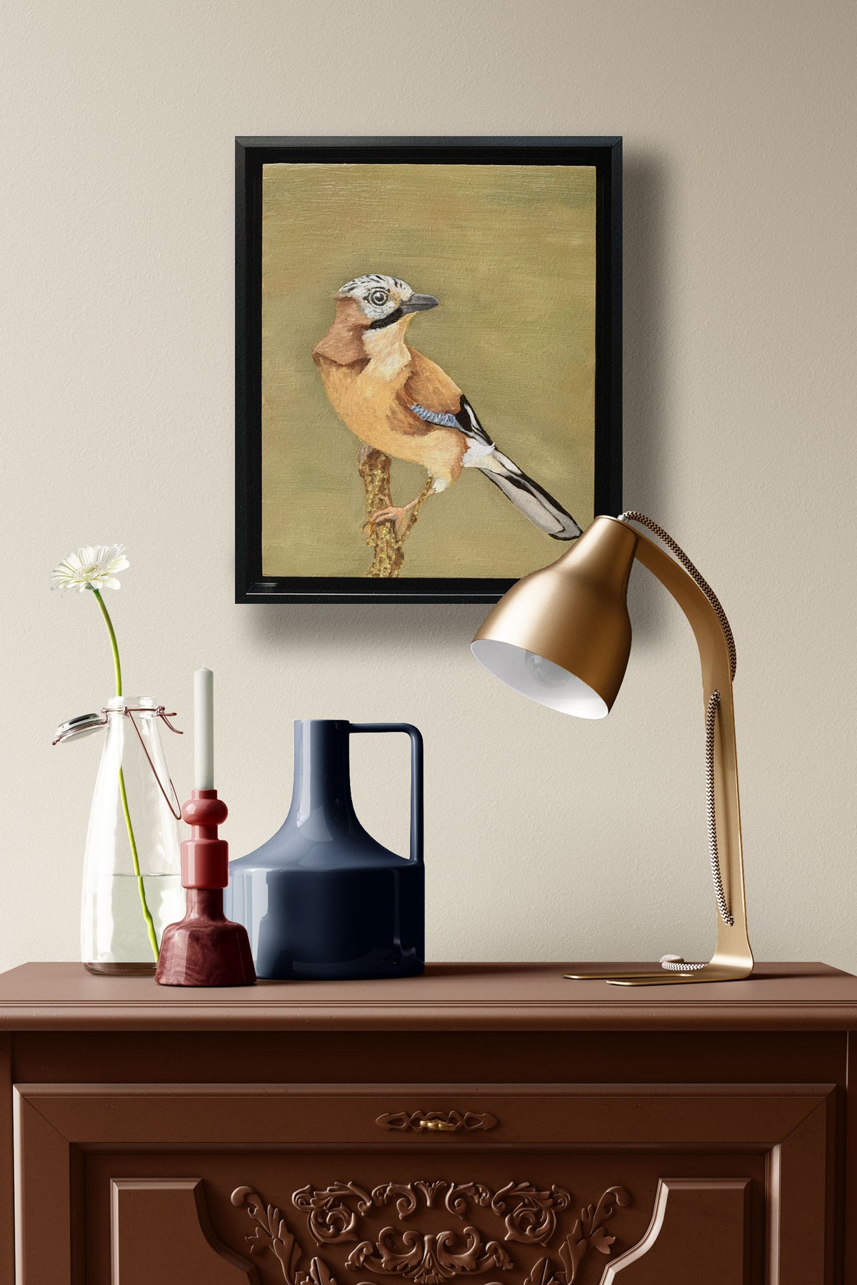 &#39;Compassion&#39; bird oil painting hangin on wall over side table