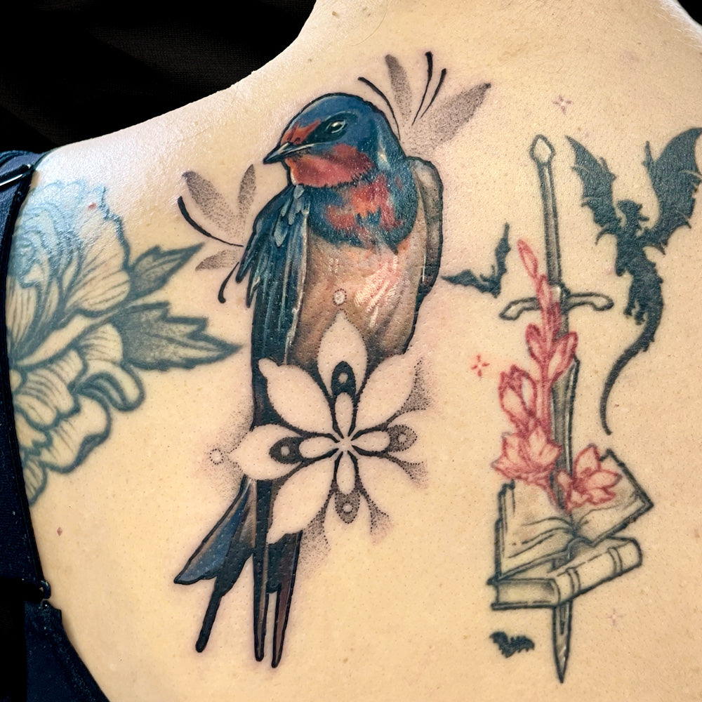 blue bird tattoo by Cass Brown