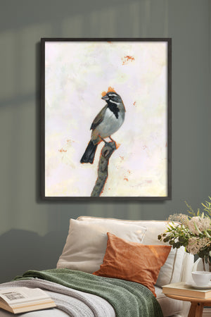 black-throated sparrow art print framed on wall
