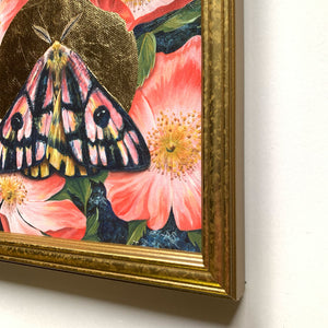 'Bloom' elegant sheep moth gold leaf embellished canvas art print gold wood frame