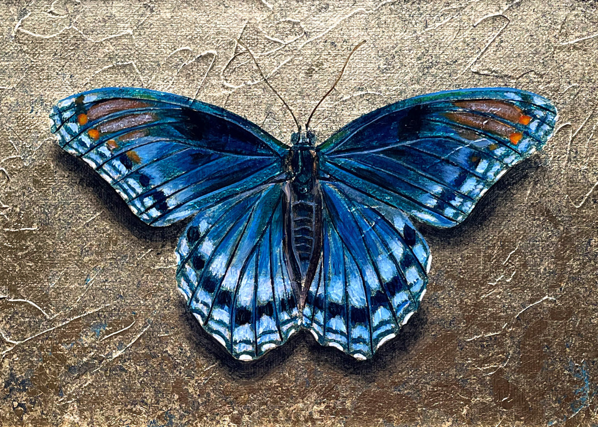blue butterfly painting with gold leaf