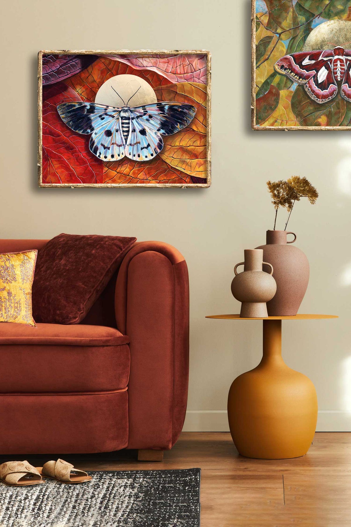 blue tiger moth leaves art print framed on wall