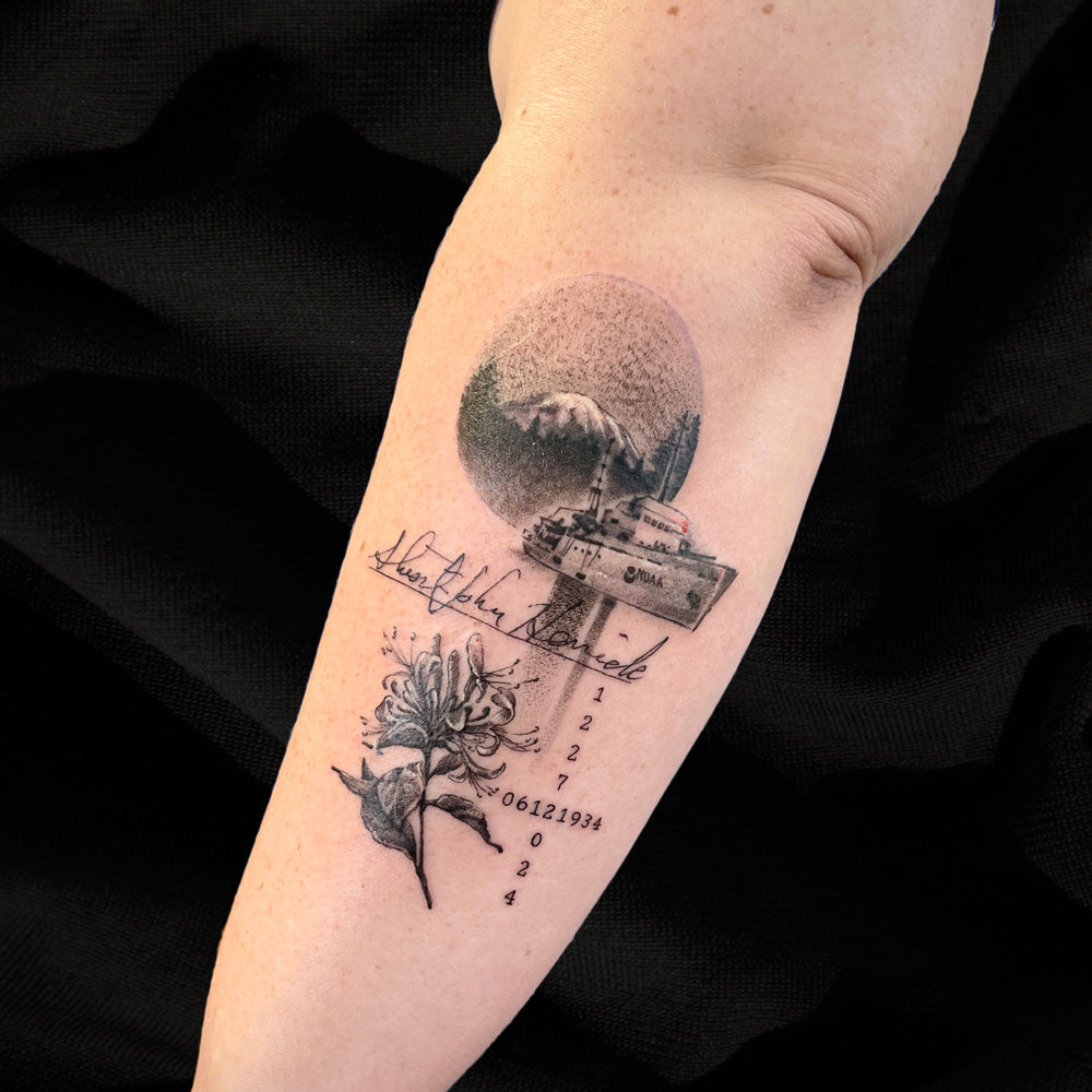 boat micro realism tattoo by Cass Brown