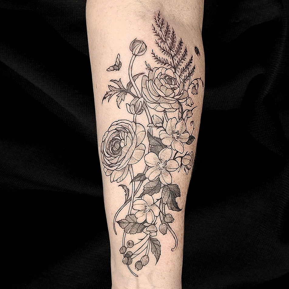 flower bouquet tattoo by Mary Kuzmin