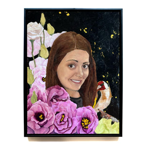 'Brilliance' portrait painting with flowers and bird