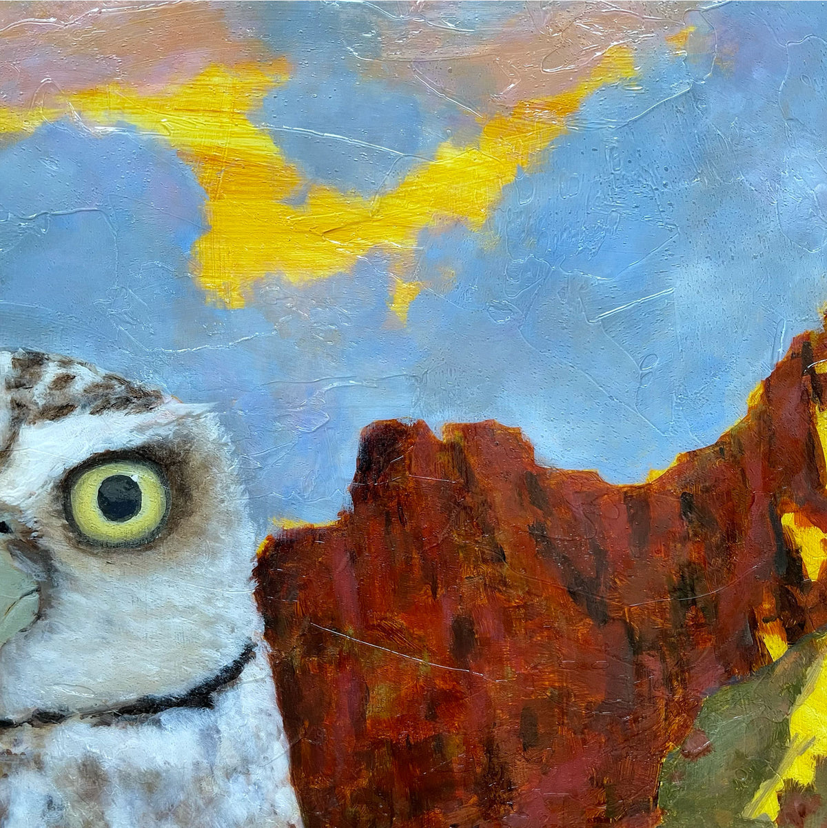 &#39;Cicerone&#39; Burrowing owl desert painting texture detail