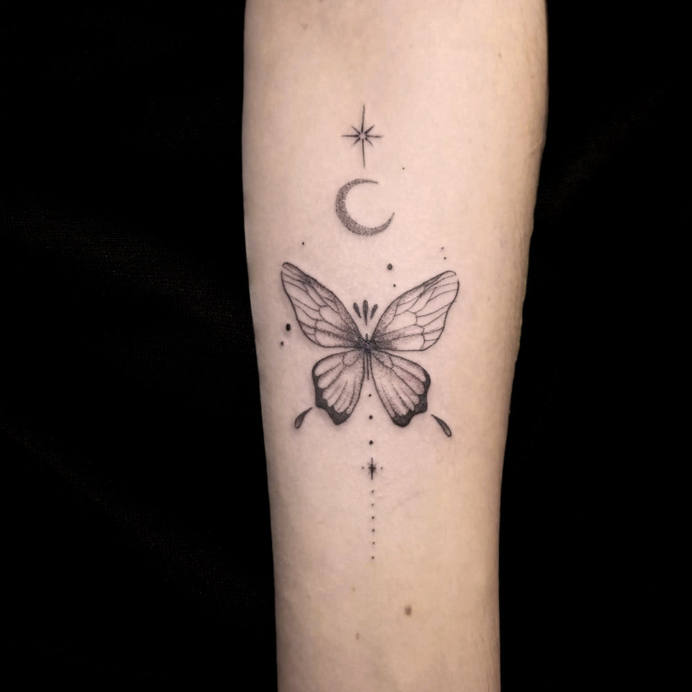 butterfly moon tattoo by Lydia Pitts