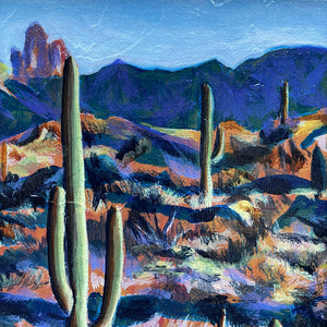 saguaro cactus desert landscape painting mountain detail