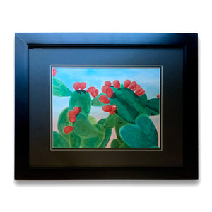 prickly pear cactus flower painting in black frame