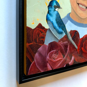 Child portrait painting with roses and blue bird frame detail