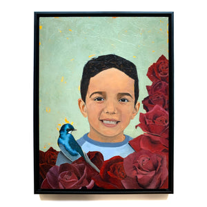 Child portrait painting with roses and blue bird