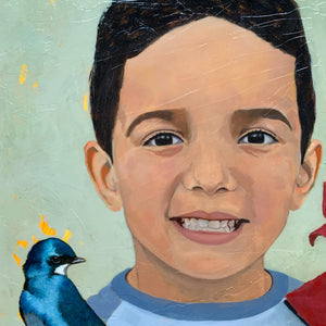 Child portrait painting with blue bird texture detail