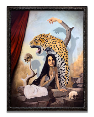 A framed surreal oil painting depicting a seated woman with long black hair beside a roaring leopard, with a red curtain on the left, skulls, and a pale sky background. The artwork is enclosed in a dark ornate frame and shown against a light gray background.