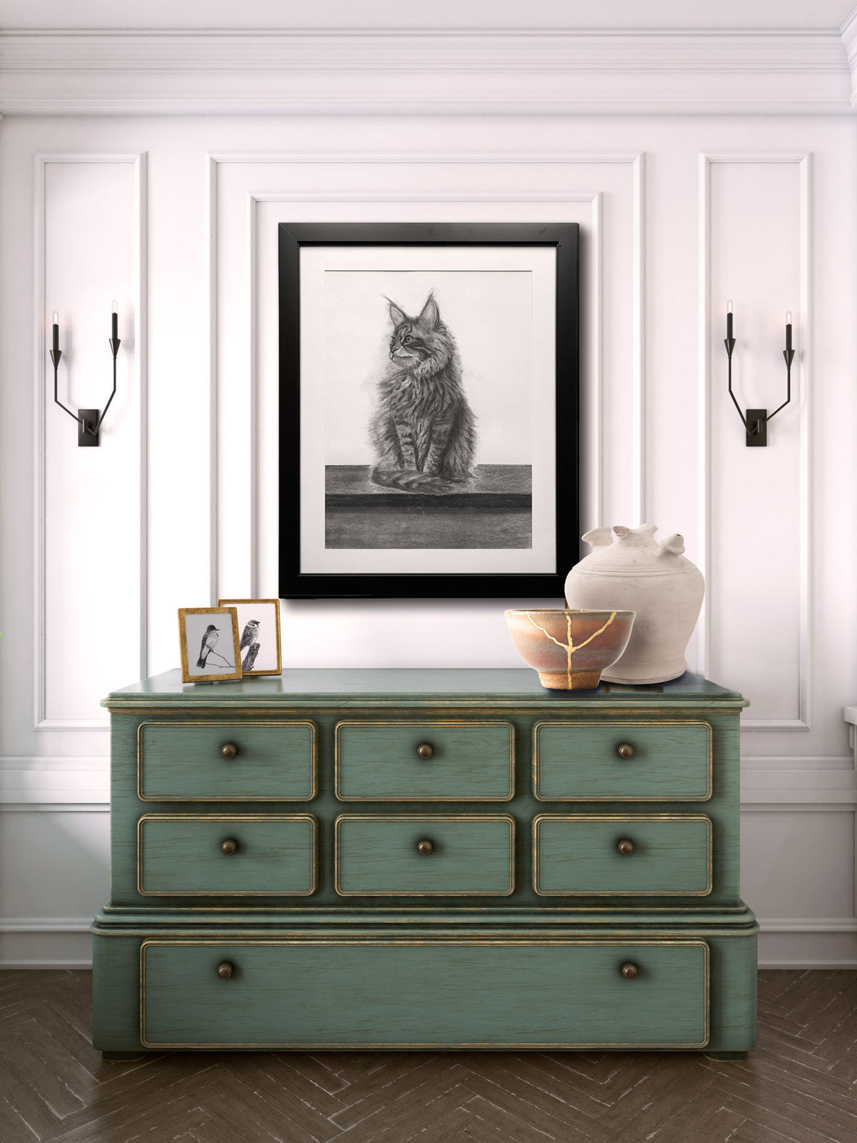 cat charcoal drawing framed art on wall