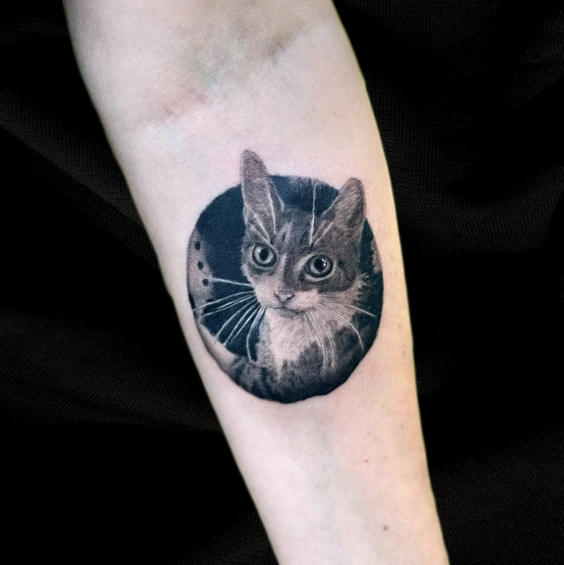 realistic cat portrait tattoo by Danny