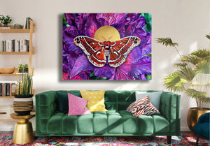 ceanothus moth painting purple rhododendron large canvas over sofa