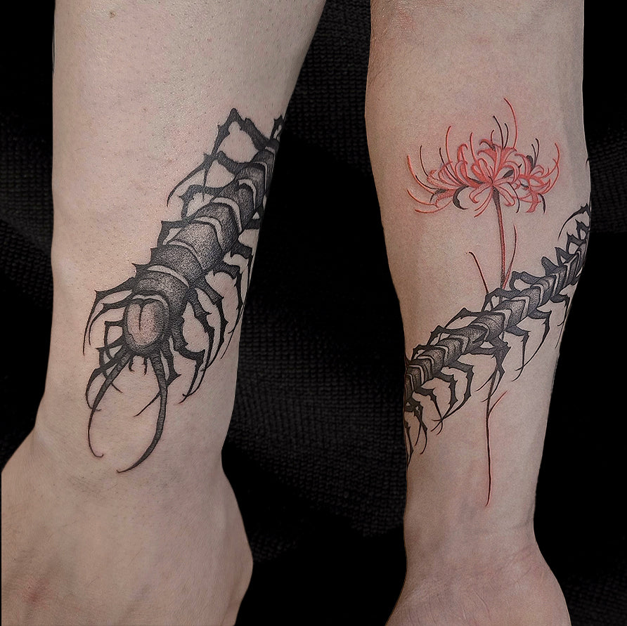 centipede insect tattoo with red flower by Mary Kuzmin