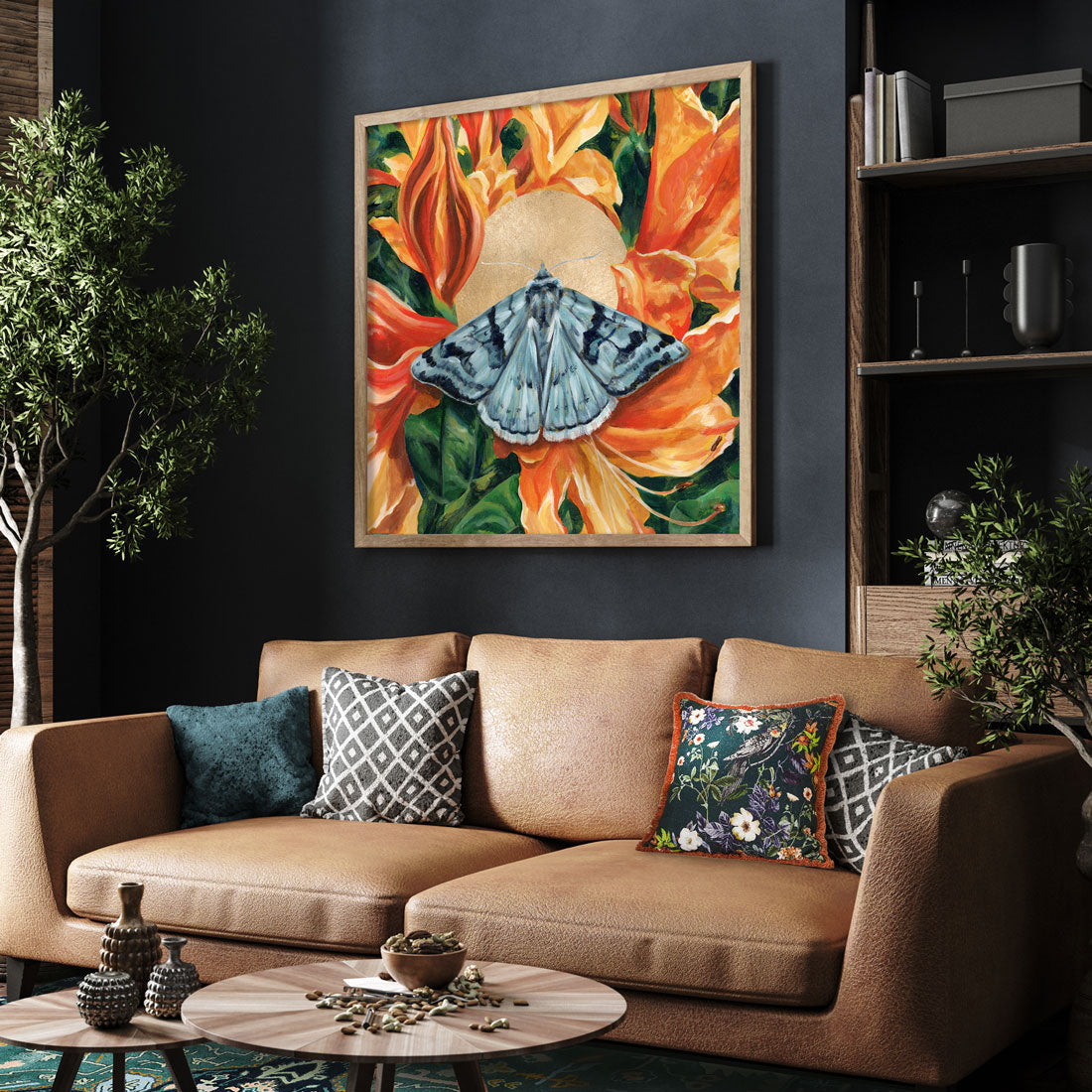 cerulean looper moth orange rhododendron art print on wall