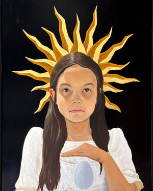 "Fear Shapes What Purity Cannot Hold" Symbolic Child with Halo and Egg Oil Painting detail by Danny Gordo
