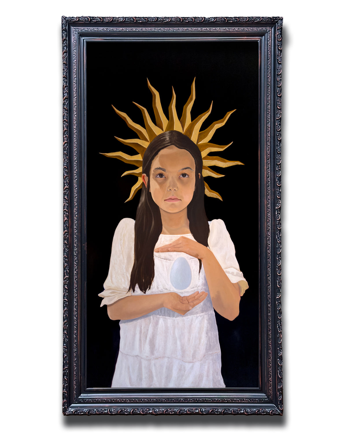 &quot;Fear Shapes What Purity Cannot Hold&quot; Symbolic Child with Halo and Egg Oil Painting in ornate frame by Danny Gordo