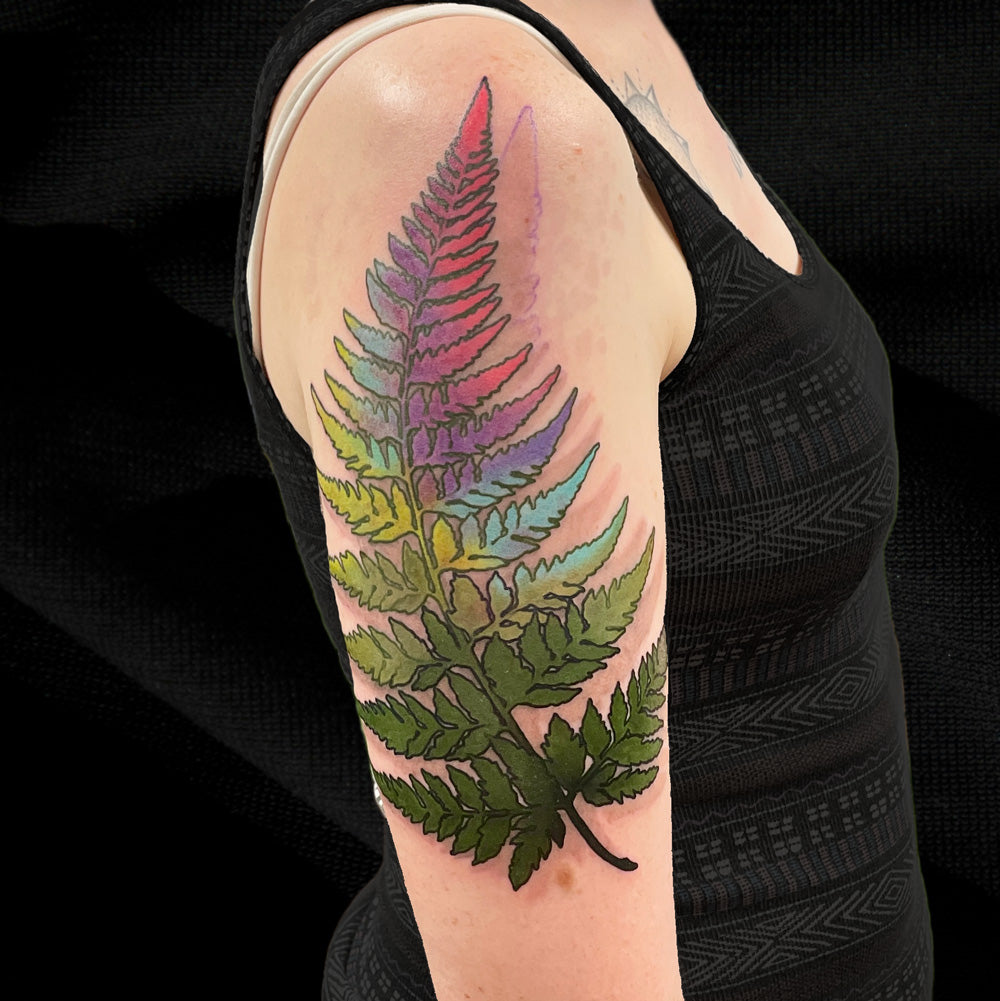 colorful fern tattoo by Cass Brown