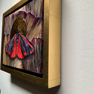 cinnabar moth mushroom painting in gold float frame detail