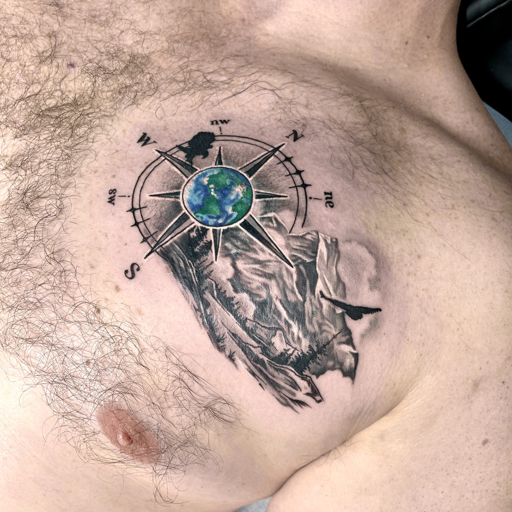 compass mountain tattoo by Cass Brown