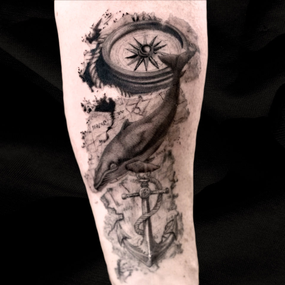 compass whale nautical tattoo by Danny