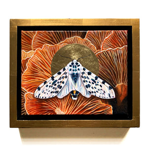 giant leopard moth mushroom painting in gold float frame