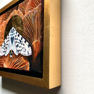 giant leopard moth mushroom painting gold leaf float frame detail