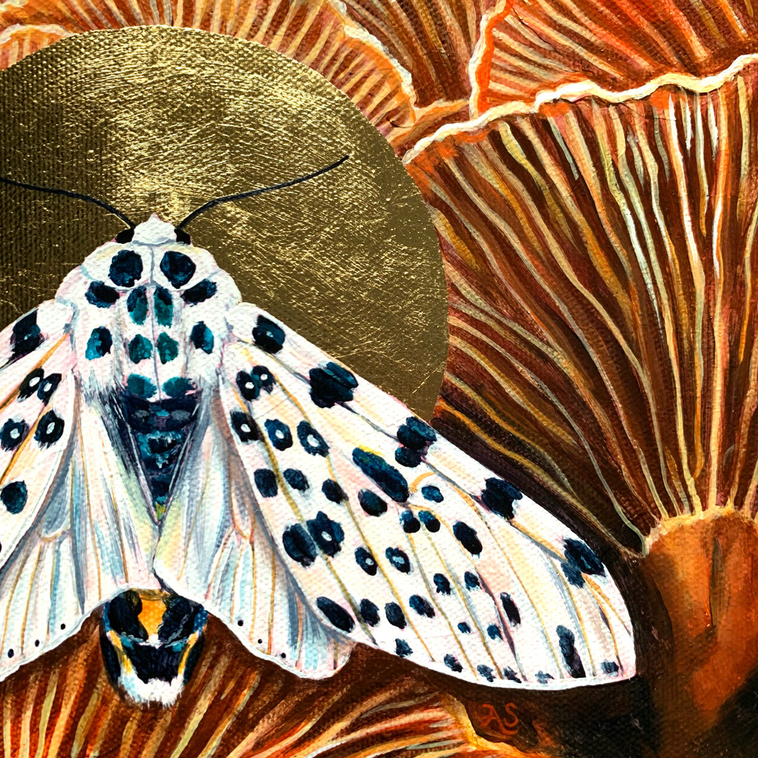 giant leopard moth mushroom painting gold leaf halo detail