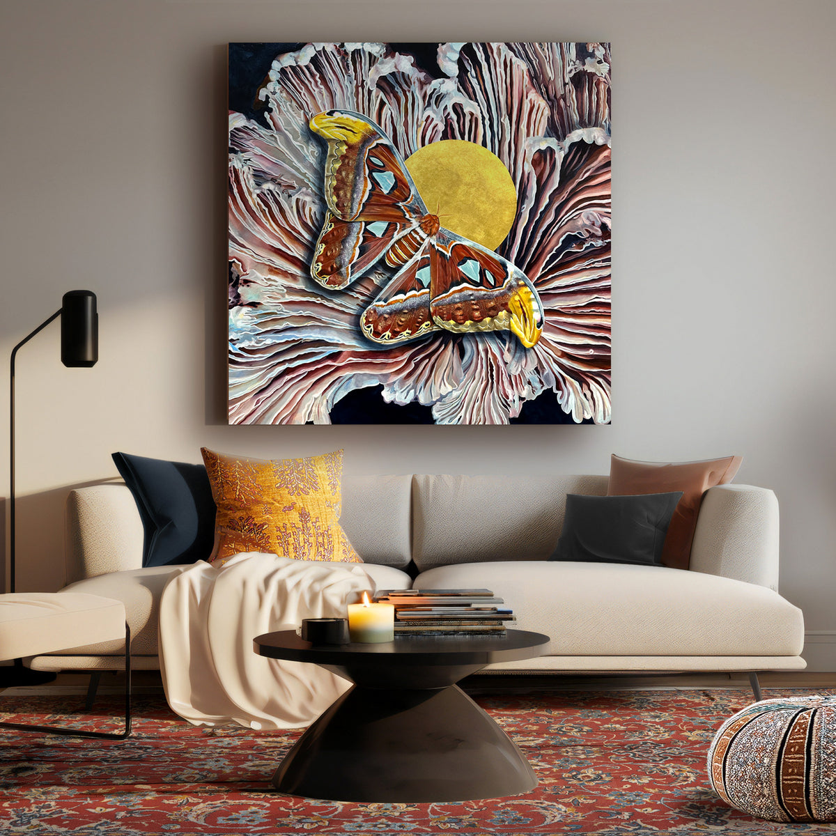 large atlas moth painting by Aimee Schreiber in living room