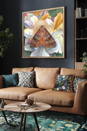 copper underwing moth white rhododendron art print on dark wall
