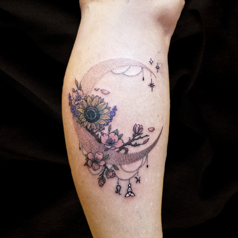 crescent moon flower tattoo by Lydia Pitts