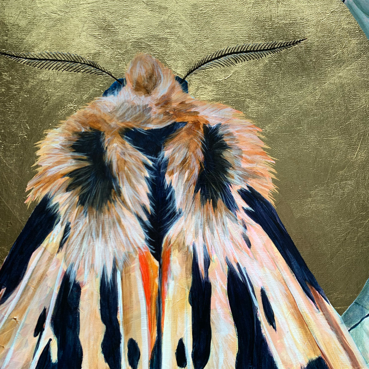 crimson tiger moth painting gold leaf detail