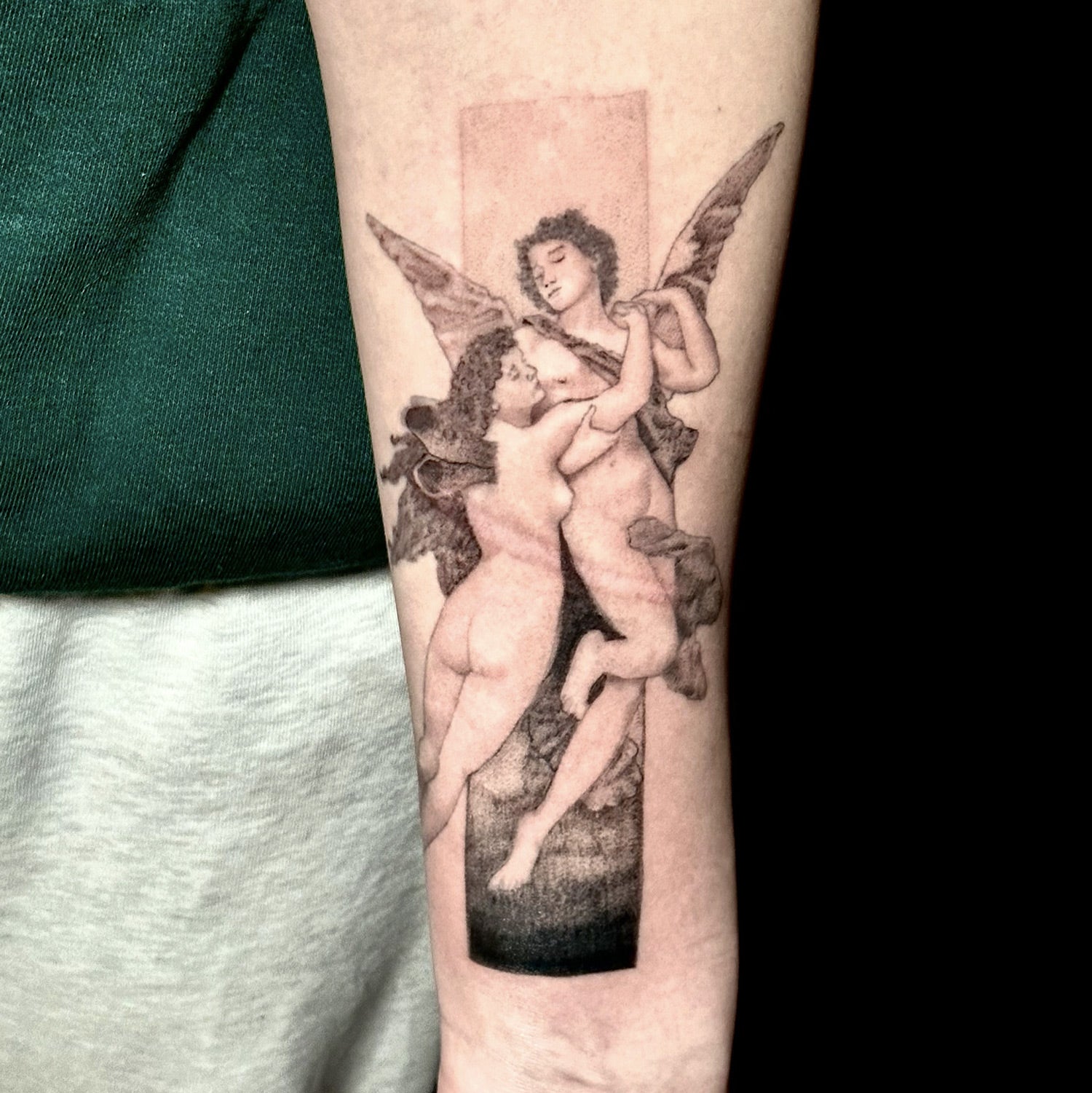 cupid and psyche tattoo on forearm scar coverup by Danny Schreiber