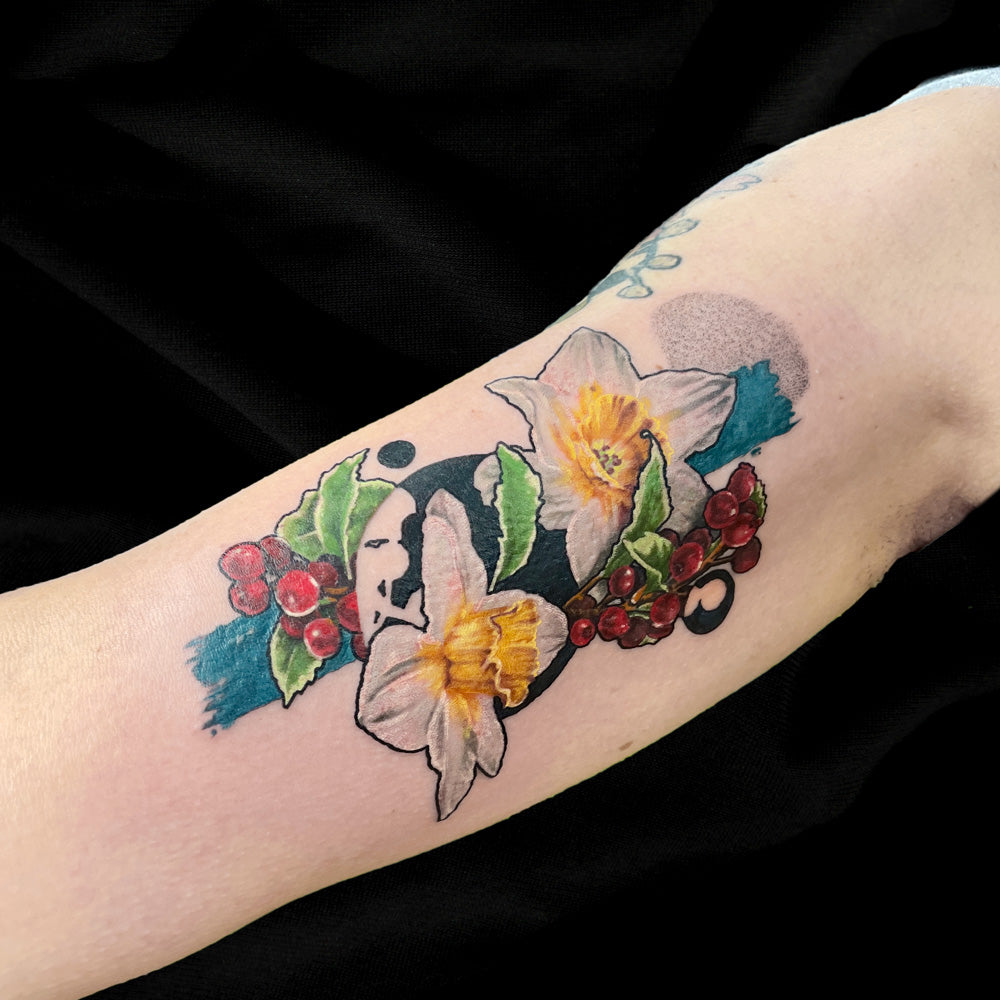 daffodil berries color tattoo by Cass Brown