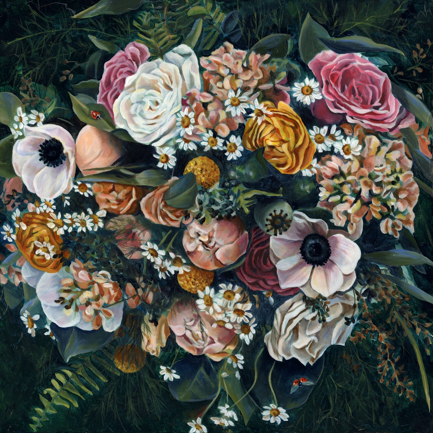 dark floral art print ladybug bouquet